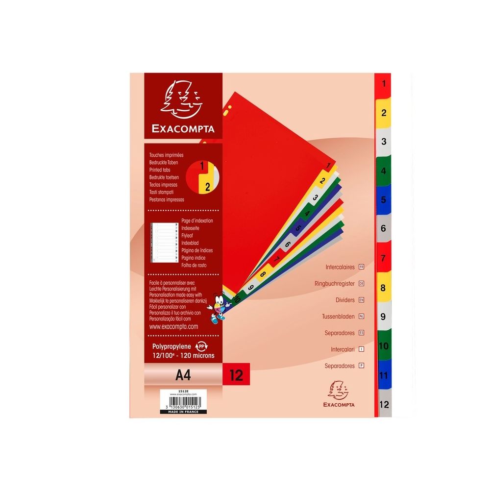 Intercalaires PVC A4 12 touches numériques - Multicolores + index //