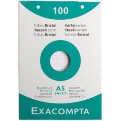 Fiches Bristol A5 205g 5 x 5 Perforée 100 f BLANC EXACOMPTA //