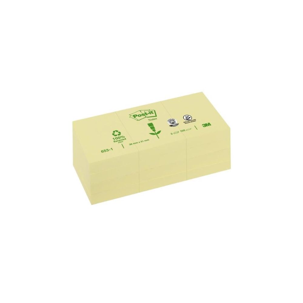 Bloc reposit. 38 x 51mm POST-IT Recyclé JAUNE - 100 f. (par 12)- Z