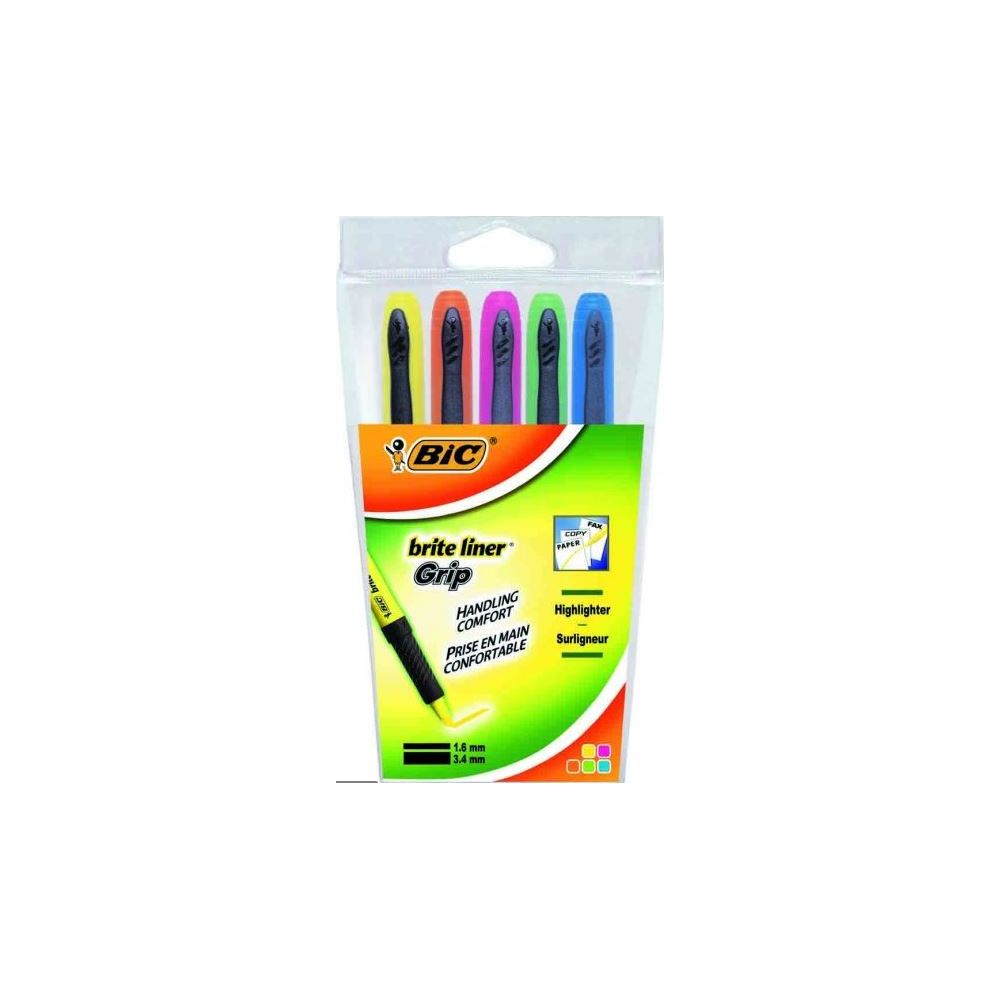 Surligneur BIC BRITE LINER Grip - Trait 1 à 3.2 mm - 5 COULEURS - Z